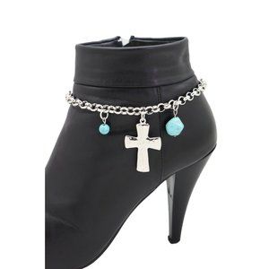Women Silver Metal Chain Boot Bracelet Shoe Cross Charm Anklet Turquoise Blue